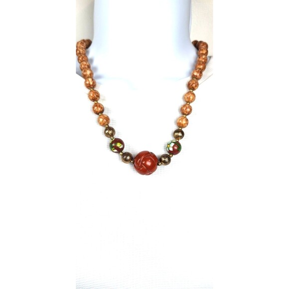 Vintage Cloisonne Agate Necklace 18 inch Carved Focal Gold Tone - Picture 1 of 8